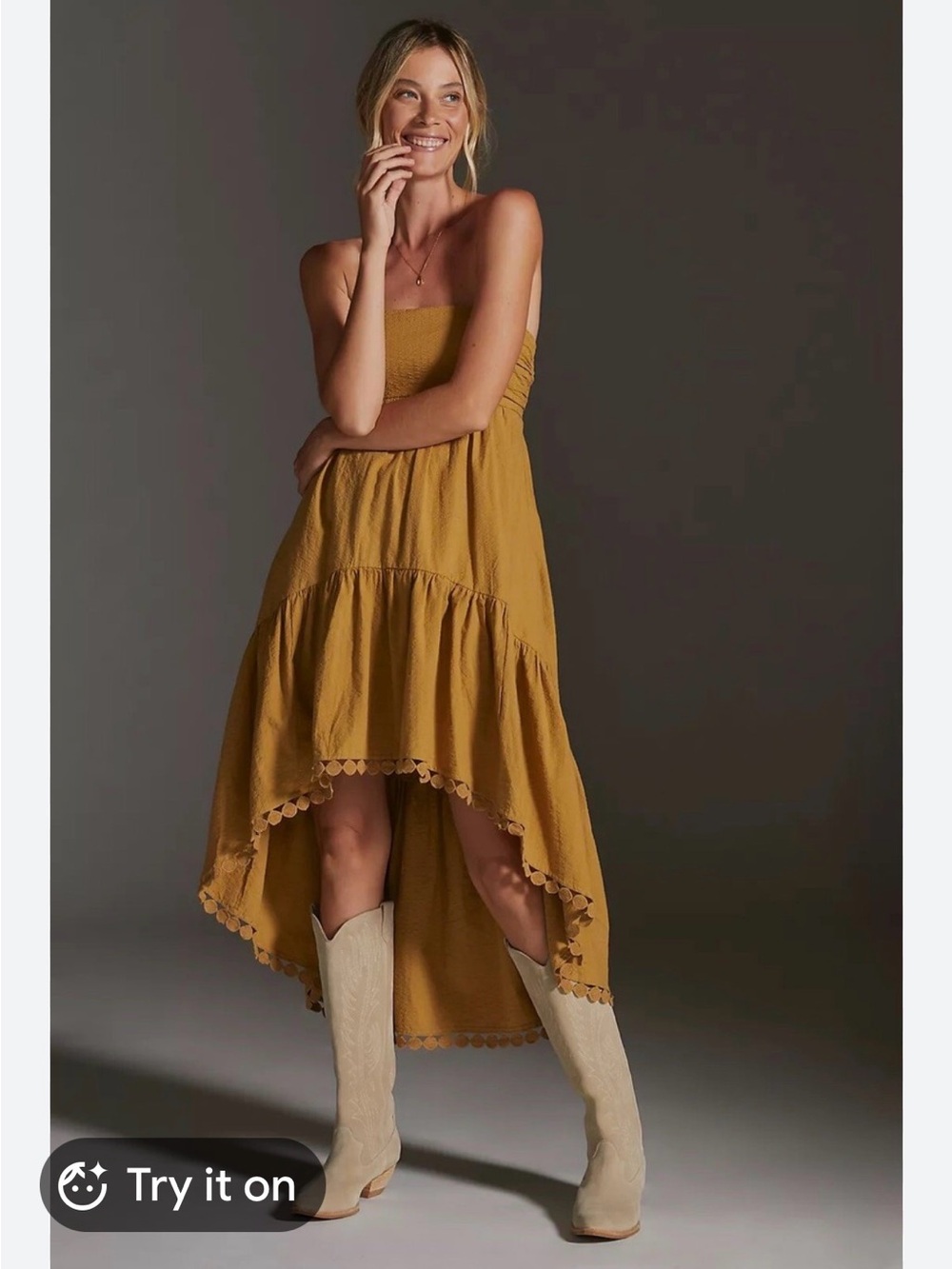 Maeve Anthropologie Strapless High Low Midi Dress Mustard Gold Boho S fun flirty
